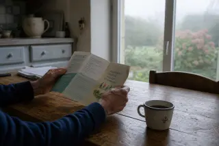 Older man's hands opening a brochure on a wooden kitchen table in a Normandy home, soft morning light and garden visible through a misty window.