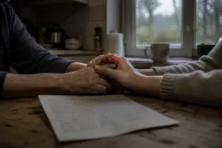 Soft natural light falls on two pairs of intertwined hands resting on a wooden kitchen table next to a handwritten letter, with a rainy garden visible through the window in the background.
