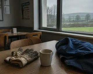 Gloves, coffee mug, and work jacket on a cafeteria table by a window overlooking Normandy bocage, early morning light