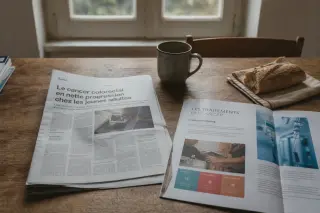 Norman kitchen table with an open newspaper, hospital brochure about cancer, ceramic mug and baguette in soft morning light, evoking quiet reflection.