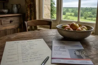 Norman farmhouse kitchen table with meal planner, apples, and prevention leaflet in soft daylight, evoking cancer prevention in everyday life.