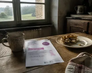 Inviting kitchen table in a Norman house with a folded medical letter, mug of tea, and half-eaten tart, bathed in gentle sunlight from a window overlooking the countryside.