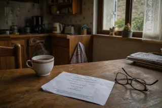 Normandy kitchen table with oncology appointment letter, coffee cup, and reading glasses in soft morning light