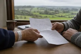 Elderly patient's hand and doctor's hand holding a medical report on a wooden table, with soft daylight and Normandy countryside visible through a window, conveying a quiet moment of connection.