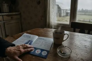 Wrinkled hand on an open lung health brochure on a rustic wooden table, with coffee and an ashtray, Normandy morning light filtering in.