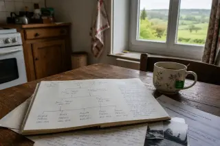 Normandy kitchen table with a handwritten family tree, medical papers and tea, bathed in soft daylight, bocage visible through window.