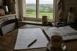 Handwritten medical treatment plan and coffee cup on a worn wooden table in a Normandy kitchen, morning light streaming through the window with bocage landscape outside.