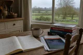 Handwritten medical notes and a coffee mug on a rustic wooden table in a Normandy kitchen, soft morning light and a window view of green bocage fields.
