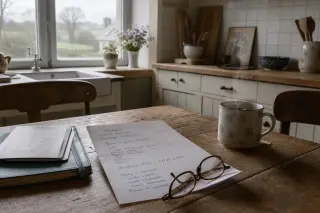 Handwritten medical paper, reading glasses, and a mug of tea on an old wooden table in a Normandy farmhouse kitchen, soft daylight through the window on a misty landscape