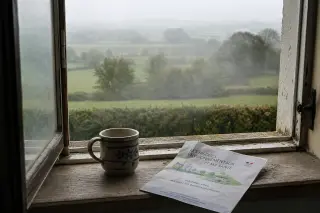 Open hospital window overlooking Norman countryside with a ceramic mug and health leaflet on the windowsill, seen on a foggy morning.