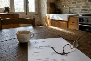 Wooden kitchen table in a Normandy home with medical report, coffee cup, and glasses under soft daylight, evoking quiet reflection.