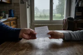 Hands of two people exchanging a leaflet on a wooden table in a Norman kitchen, with a rainy countryside visible through the window in soft natural light.