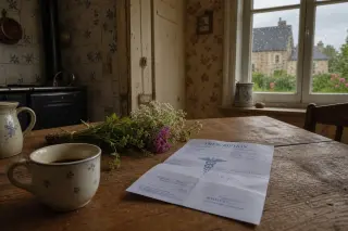 Norman kitchen table with a prescription, coffee cup, wildflowers, and a rain-streaked window, in soft natural light.