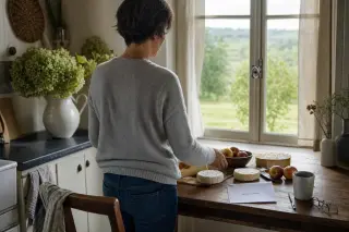 Middle-aged woman arranging food on a rustic table in a Normandy kitchen with morning light and a folded letter nearby, suggesting a moment of quiet life after cancer.