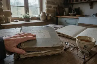 Hand resting on medical notes and book at rustic kitchen table in Normandy farmhouse with morning light, tea cup, and reading glasses nearby.