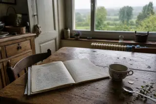 Normandy kitchen table with a medical report, half-finished tea, and rainy bocage view through the window.