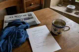 Handwritten questions on a kitchen table in soft daylight beside a steaming mug and folded scarf, in a Normandy farmhouse setting.