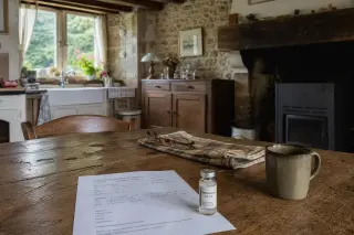 Still life of a Norman home kitchen table with a medical report, small vial, coffee cup, and reading glasses in soft natural light from a window overlooking the countryside.