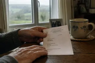 Elderly hand gently holding a medical prescription on a rustic wooden table near a coffee cup, with a misty Normandy landscape through the window in the background.