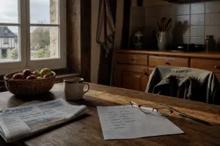 Norman kitchen table in morning light with a mug, apples, newspaper, handwritten checklist and glasses, evoking careful daily health vigilance.